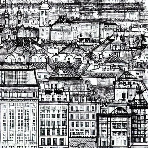 Prompt:  
Prague urban planning detail technical  description, architectural drawing, BW, future