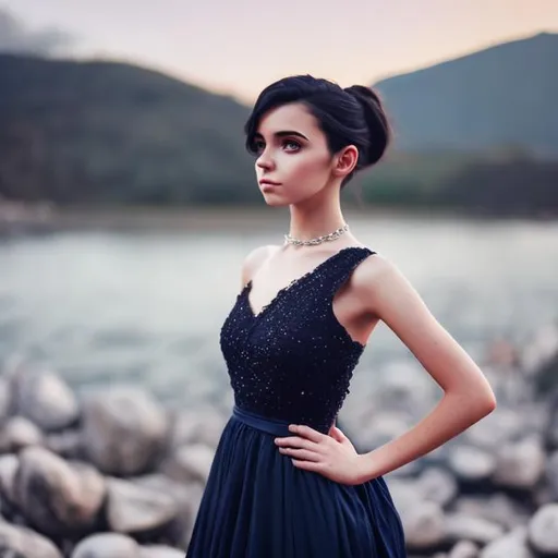 Prompt: A young woman , short height, cute face, long nose, beautiful almond eyes black, long black hair tied neatly, wearing shoulderless navy blue gown skin fit, small silver chain, mountains in the background photo realistic full body