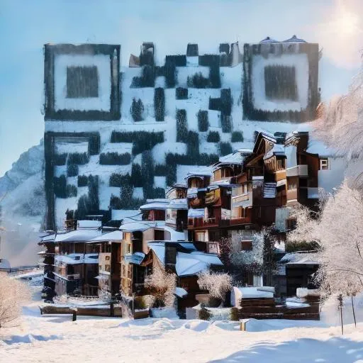Prompt: a snowy village with mountains on the back