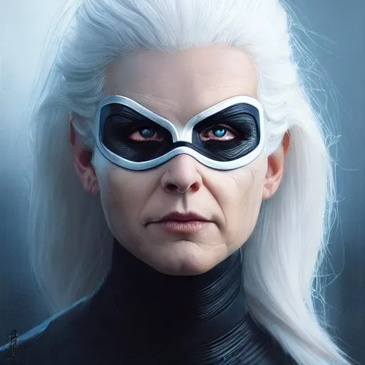 Prompt: Portrait of woman with white hair and superhero mask and with strong face, big dreamy eyes, perfect composition, hyperrealistic, super detailed, 8k, high quality, trending art, trending on artstation, sharp focus, studio photo, intricate details, highly detailed, by greg rutkowski