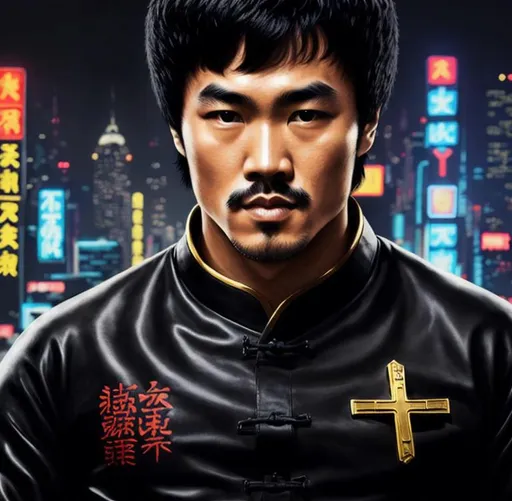 Prompt: front of twenty eight year old bruce lee with mustache and stubble, wearing a black chinese tang suit, with a golden protestant christian cross near right shoulder, background is a cyberpunk cityscape, perfect composition, hyperrealistic, super detailed, 8k, high quality, trending art, trending on artstation, sharp focus, studio photo, intricate details, highly detailed, by greg rutkowski