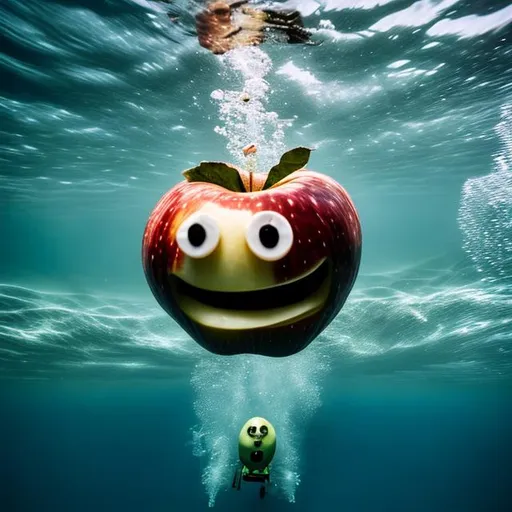 Prompt: a apple with a scary face riding a bicycle underwater

