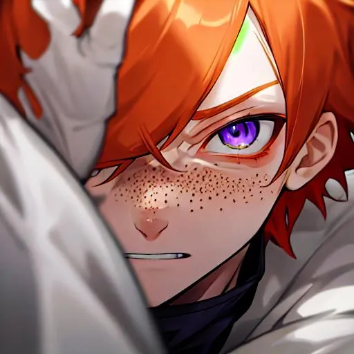 Prompt: Erikku male adult (short ginger hair, freckles, right eye blue left eye purple) UHD, 8K, Highly detailed, insane detail, best quality, high quality, 