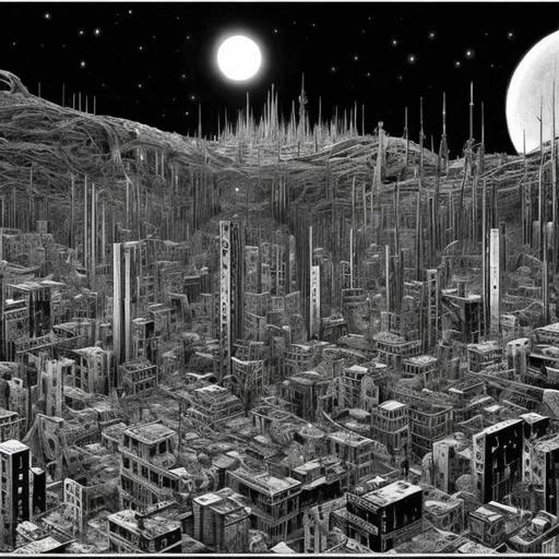 Prompt: Dark sci fi city, dark, black and white, Manga, Junji Ito, no people, alien landscape