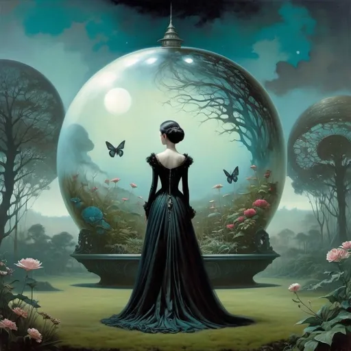 Prompt: atmospheric perspective: fluid gouache painting: long shot of luscious garden; moody ambiance by "Ray Caesar"; patterned background by "Bastien Lecouffe-Deharme"; by artist "Yanjun Cheng", by artist "Harmonia Rosales"; Watercolor by "joao ruas"; entangled, meticulous, deep color, hyperdetailed, crepuscule by "Bill Brauer"; soft hue transitions by "Andrea Kowch