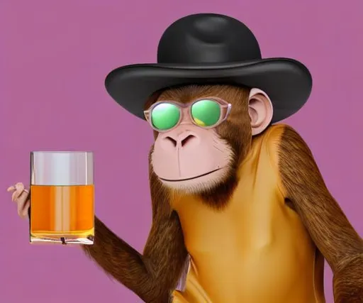 monkey with a hat holding a drink with sunglasses