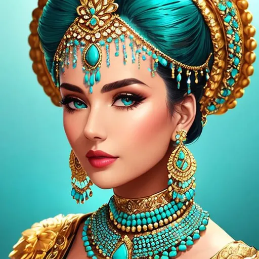 Prompt: An extremely gorgeous woman,  with top knots full of turquoise jewels, in color scheme of turquoise and gold