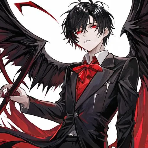 Prompt: Damien  as a fallen angel (male, short black hair, red eyes)