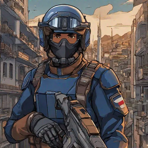 Prompt: Whole body. Full figure. A Venezualean soldier in scifi 20th century combat uniform. He has an helmet with a visor and a mouth protection.. Dark blue uniform with dark brown details. In background a scifi Spanish city. Rpg art. Rpg. 2d art 2d. Well draw face. Detailed. 