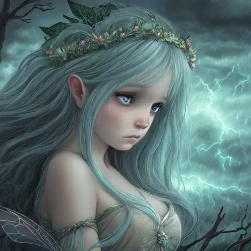 Prompt: fairy goddess, sad, stormy background, closeup