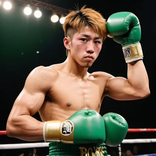 Prompt: Imagine a Japanese boxer resembling Naoya Inoue with golden and brownish hair. He is flexing his strong muscles with arms raised up. He is wearing green boxing gloves.