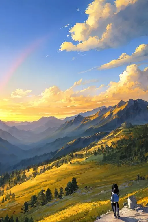 Prompt: vast scenic view mountain landscape with very wide angle, looking from behind and above, full body visible,

masterpiece best quality 1 petite young anime girl, black hair, blue and white high school outfits, standing, look at the sky,

semi watercolor painting, digital painting, precise brush strokes, precise brush outlines,

cloudy, sunshine on cloud, sunshine,

light yellow and light orange and light pink glowing light, light yellow and light orange and light pink glowing sunshine, cinematic light, highly detailed light reflection, iridescent light reflection, beautiful shading, impressionist painting, yellow contrast cloud, hyperdetailed cloud shading, head light,

volumetric lighting maximalist photo illustration 64k, resolution high res intricately detailed complex,

illustration, key visual, hyperdetailed precise lineart, vibrant, panoramic, cinematic, masterfully crafted, 64k resolution, beautiful, stunning, ultra detailed, expressive, hypermaximalist, colorful, vintage show promotional poster, anime art, brush strokes,
