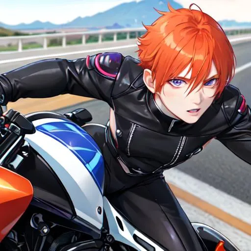 Prompt: Erikku male (short ginger hair, freckles, right eye blue left eye purple) muscular, riding a motorcycle on the freeway, UHD, 8K, Highly detailed, insane detail, best quality, high quality