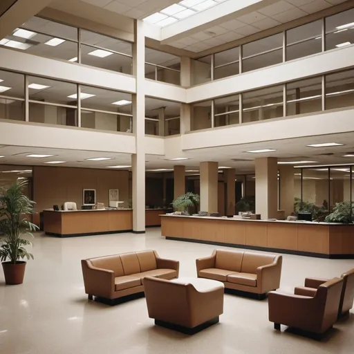 Prompt: a highly detailed image of a 1970s office building long atrium, earth tone colors, devoid of people, empty seating in waiting area, empty reception desk area, magazines, liminal aesthetic