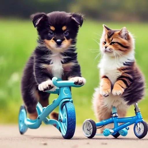 Prompt: Cute puppy and cat playing on bicycle 