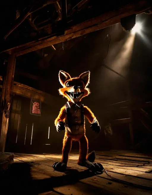 Prompt: A creepy animatronic fox with an eyepatch, hook hand, and toothy grin poses on an abandoned stage. Foreboding shadows surround it. Dusty beams of light shine down from rafters above. Shot on Fuji GFX with a wide angle lens for an ominous mood. Gritty, sinister, and unsettling in the style of Five Nights at Freddy's. 