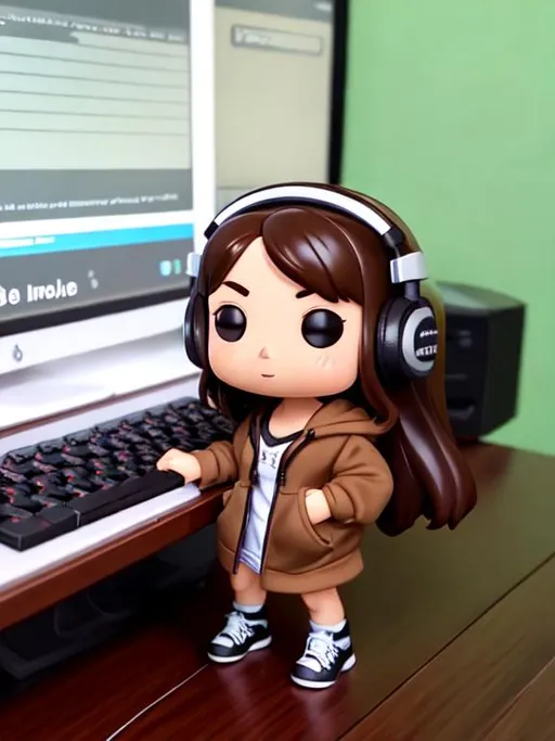 Prompt: cute funko pop female figure with below shoulder length dark brown hair, brown eyes, holding a keyboard, wearing a headset, wearing a black hoodie