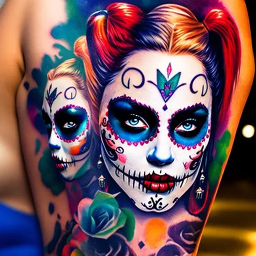 Prompt: Harley Quinn Dia de los muertos tattoo 