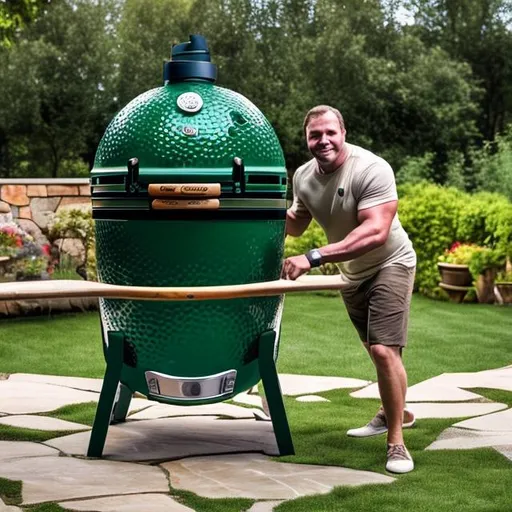 Prompt: Big green egg with strong man
