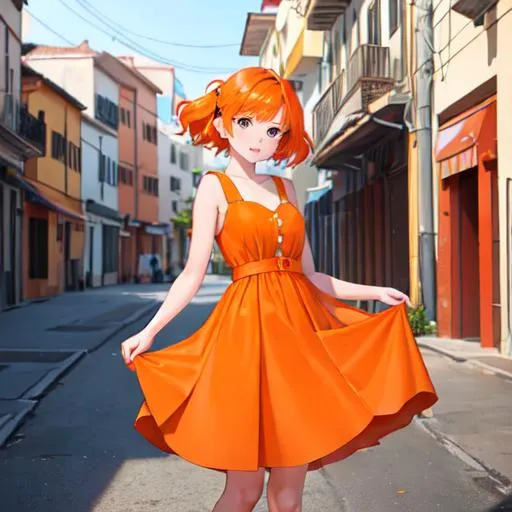 Prompt: girl with orange short hairs orange hairs  buetiful orange dress princess of rubi dimonds