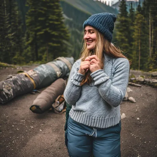 Prompt: woman, (upper body, happy:1. 2), masterpiece, best quality, ultra-detailed, solo, outdoors, (night:1. 1), open eyes, mountains, nature, cheerful, happy, backpack, sleeping bag, camping stove, water bottle, mountain boots, gloves, sweater, hat, forest, rocks, river, wood, shadows, contrast, clear sky, analog style (look at viewer:1. 2) (skin texture:1. 1) (film grain:1. 3), (warm hue, warm tone:1. 2), close up, cinematic light, sidelighting, ultra high res, best shadow, RAW, upper body, wearing pullover, 