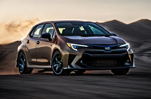 Prompt: GR Corolla hatch back drifting with red head lights in a sand storm 