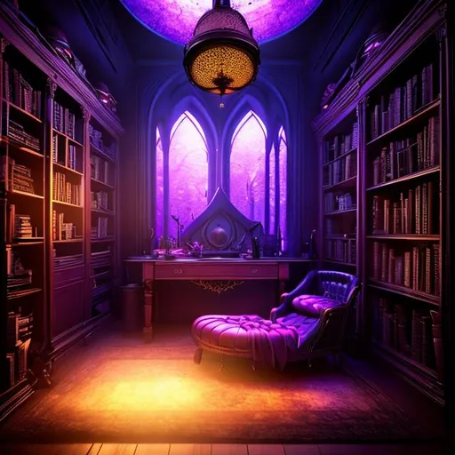 Prompt: HD, 4K, 3D, Stunning, magic, cinematic camera, interior design,gothic witch studio room, ethereal,gothic enchanted,bookshelf, light contrast, witchy ambient, purple light, purple and green sunstrails, moon glow, cauldron, desk, chaise longue