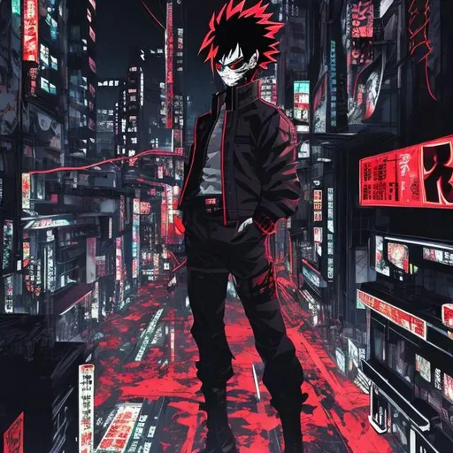 Prompt: Black and neon red. Accurate vigilante todoroki villain. Blood. Very Dark image with lots of shadows. Background partially destroyed neo Tokyo. Noir anime. Gritty.