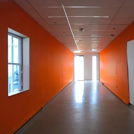 Prompt: liminal space, orange walls, fluorescent lighting,  