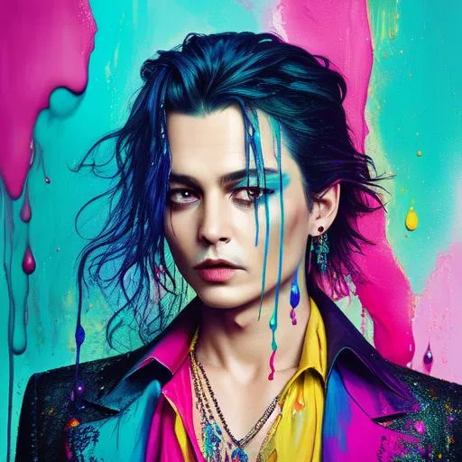 Prompt: younger Johnny Depp, mixed media, wet paint, Jewel bug, color background, flowing liquid color down her face, cyan, magenta, red, blue, yellow, shot by ZHANG JINGNA