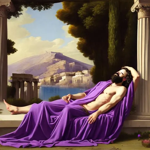 Prompt: classical art purple drape noble man covered in drapes reclined back action pose outside greek garden