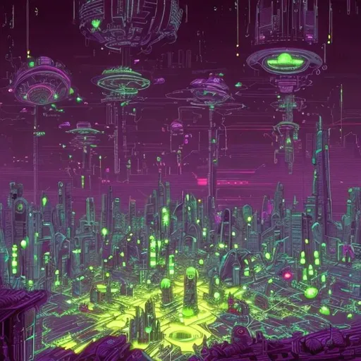 Prompt: Aliens invading a world full of pooh futuristic city neon