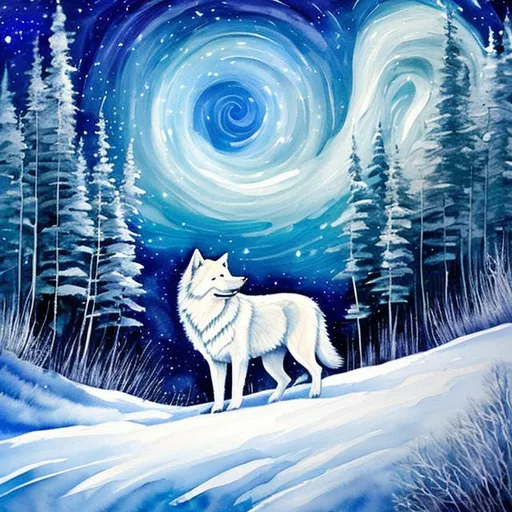 Prompt: An awe-inspiring portrayal of a majestic white wolf graces the canvas in a watercolor painting style. The first illustration captures the wolf howling at the moon amidst a starry sky, emanating a sense of mystique. In another illustration, the wolf dashes through a snowy forest, guided by the mesmerizing northern lights. The artwork portrays the wolf as a king of nature's beauty, presented in a remarkably realistic manner, with its fierce eyes capturing the essence of wildness and grace.

The white wolf is not alone; it belongs to a pack, which is depicted in a stunning watercolor painting. This mystical wolf pack conveys a sense of unity and strength. The wolf's spirit is evident throughout, whether it's depicted in the wild, under the night sky, or amidst the snow. Each scene beautifully showcases the wolf's breath, adding an element of mystification to the artwork.