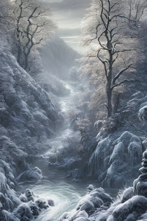 Prompt: Award-winning concept art, a highly detailed a river rushing through a snowy ravine, winter trees, falling snow, chiaroscuro, hyperrealism, luminism, by Darek Zabrocki and Joseph McGurl and Bierstadt, hd, very detailed, 4k, 8k,