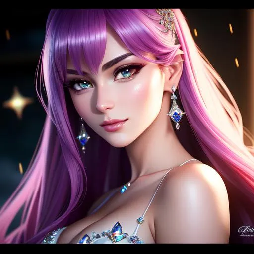 Prompt: {{{{highest quality stylized character masterpiece}}}} best award-winning digital oil painting with {{lifelike textures brush strokes}},
hyperrealistic intricate perfect 128k UHD HDR upper body image of surrealistic flirtatious seductive stunning gorgeous beautiful feminine 22 year old anime like opalescent iridescent pearlescent ethereal ultimate goddess with 
{{voluminous hair}} and {{beautiful golden eyes}} wearing {{universe-fabric stylistic dress}} with deep exposed visible cleavage and tight beautiful belly pooch,
wonderful extremely detailed face with romance glamour beauty soft skin and red blush cheeks and cute sadistic smile and {{seductive love gaze at camera}}, 
perfect anatomy in perfect colored shaded composition of professional sharp focus RAW photography with depth of field, 
cinematic volumetric dramatic 3d lighting, 
{{sexy}}, 
{{huge breast}}, 
physics-based rendering, 
masterpiece