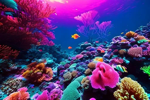 Prompt: marine colony, colourful great barrier reef, neon colours, mesmerising, photorealistic, 4k, vivid.