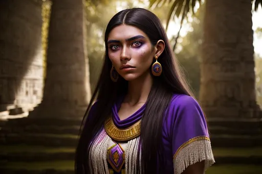 Prompt: Portrait of a young Mayan woman who resembles Elexa Bahr, wider face with high cheekbones, wearing a royal purple and gold tunic, standing in the grounds of a Maya palace in the middle of a Chilean costal landscape, cfg:19, energetic, HDR, UHD, 64K, highly detailed, cinematic lighting, professional, perfect composition, trending on artstation, unreal engine, vivid colors, high resolution