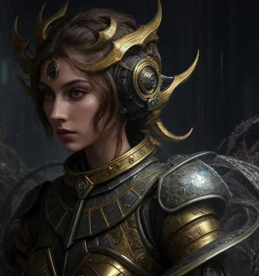 Prompt: splash art, hyper detailed, hyper realistic, highly detailed, dark, surreal heavy mist, floating at the edge of the Universe, on a dystopian alien planet, 

create a computer generated exquisite, beautiful, slender, ultra realistic young adult Caucasian hologram of a female Time Lord. Wearing highly detailed obsidian and gold armor, and a heavy iron collar, 

Gorgeous detailed facial features, long legs, vibrant sumptuous, perfect body, ultra pale, visible midriff, 

Perfect studio lighting, perfect shading. HDR, UHD, high res, 64k, cinematic lighting, special effects, hd octane render, professional photograph, trending on artstation.