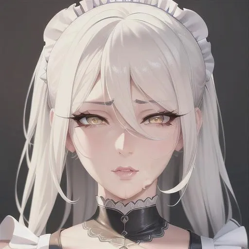 Prompt: full body shot, mature milf, perfect body, white hair, yellow eyes, cute, face, wet, highly detailed, hd, 4k, 8k, detailed eyes, detailed lips, full maid outfit {{disgusted expression}}