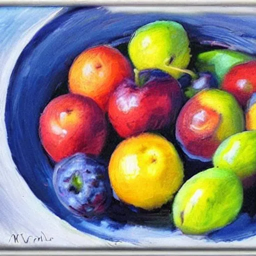 Prompt: impressionistic style bowl of tabletop bowl of fruit
