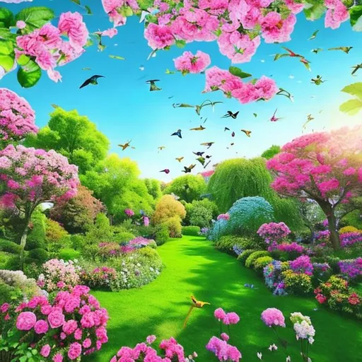 Prompt: Green garden, a thousand flowers, pink, yellow and Black roses, BLUE SKY With birds flying, great Sun, realistic