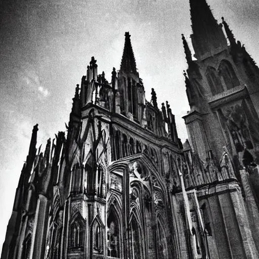Prompt: A large, lonely Catholic Gothic cathedral on a hill, very high spires, monumental, splendid, black and white, nostalgia and memory