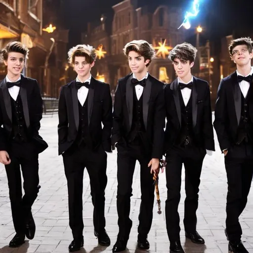 Prompt: A group of 5 Attractive 16 year old boys in a tuxedos walking down the street down town holding their magic wands. One of them is pointing his wand at a car casting a sparkly magic spell on it