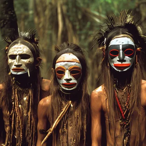 Prompt: Cannibal tribe wearing masks watching you

