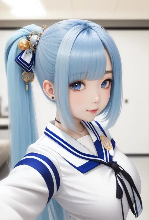 Prompt: ombre white and blue hair, japanese, long hair, 13 year old girl, solo, pale skin, indoors, busty, mole under eye, mole on {{breast}}, sailor uniform, fullbody, XXXXXX hair accessory, wide hips, thicc thighs, thicc bum, ((full body)) {{good looking}} {{cute}} {{good body}} {{tight}}, symmetrically colored hair, {{shadows}},
