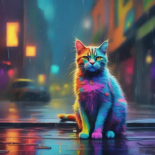 Prompt: A colourful and beautiful house cat in the rain in a cyberpunk world in a painted impressionistic style