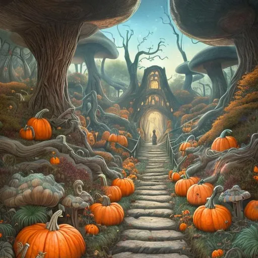 Prompt: Detailed illustrated masterpiece. Autumn scene of a path leading to a tall, shadowy creature. Along the path are pumpkins, mushrooms, and strange trees. 

Perfect composition. 