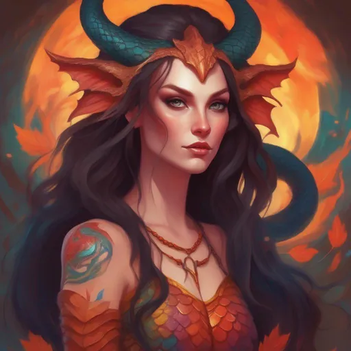 Prompt: A colourful and beautiful brunette Persephone, she is a dragon woman, with scales for skin, horns and fire for hair, in a painted style