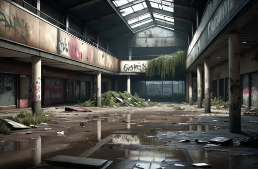 Prompt: Desolating shopping mall in 'The Last of Us' style, post-apocalyptic, grungy aesthetic, debris scattered on the floor, dramatic lighting, dusty atmosphere, abandoned shops, dark and moody, high quality, cinematic, gritty, detailed textures, eerie ambiance, overgrow with vegetation, washed graffiti