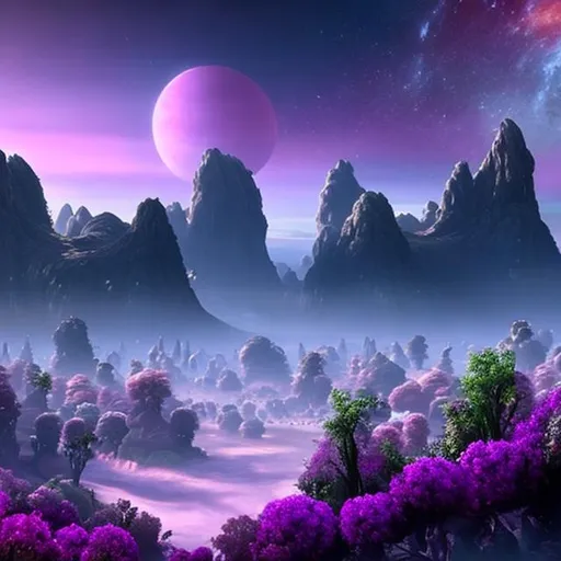 Prompt: A beautiful vista of a breathtaking, alien world, with a small town of short buildings and alien trees.